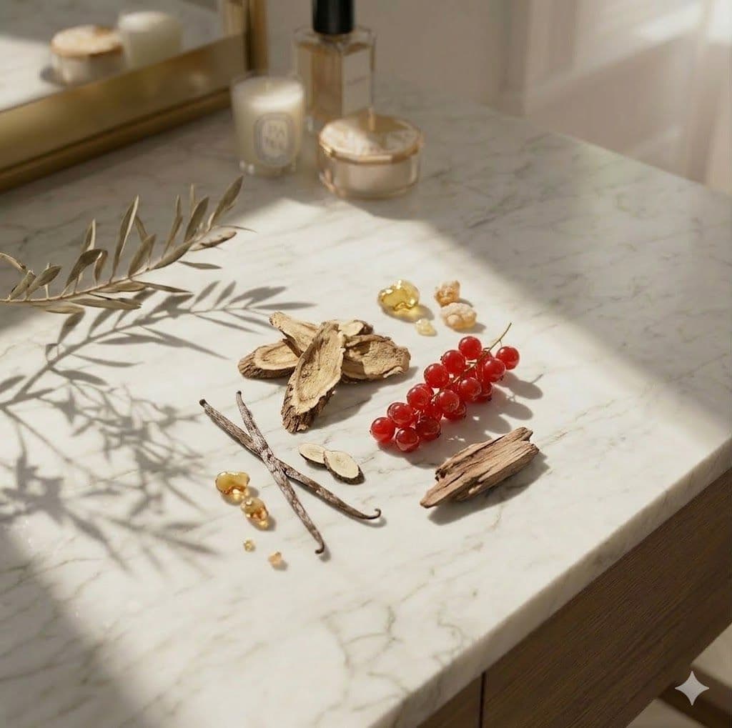 geurnoten amber, vanille, cranberry en sandalwood op een marmeren tafel