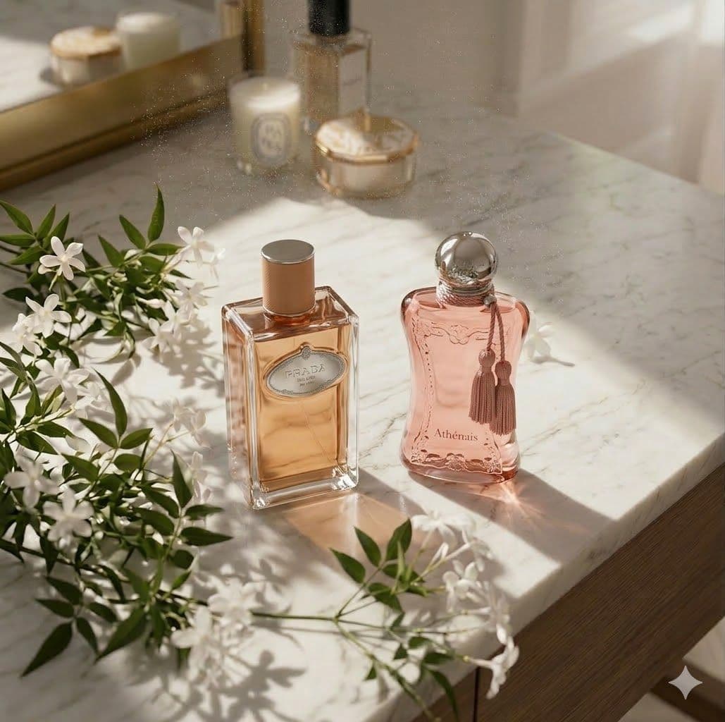 Prada Infusion de Santal Chai Eau de Parfum en Parfums de Marly Athénaïs op marmeren blad