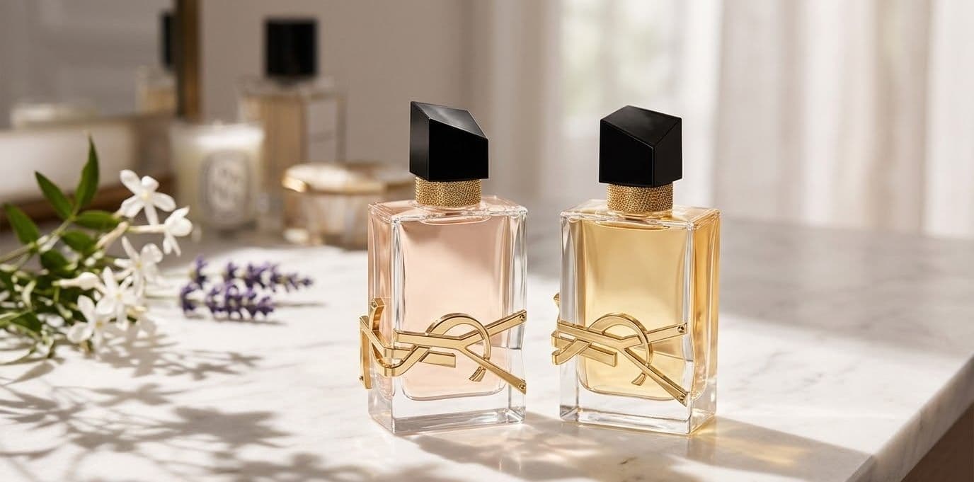verschil tussen eau de parfum en eau de toilette met luxe parfumflacons op marmer